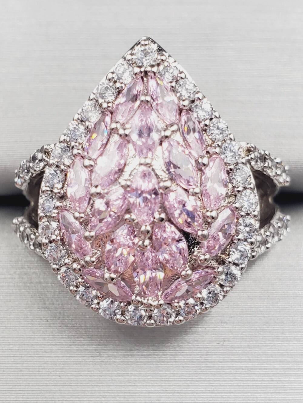 Pink Ice Teardrop Cluster Halo Ring - 925 Sterling Silver
